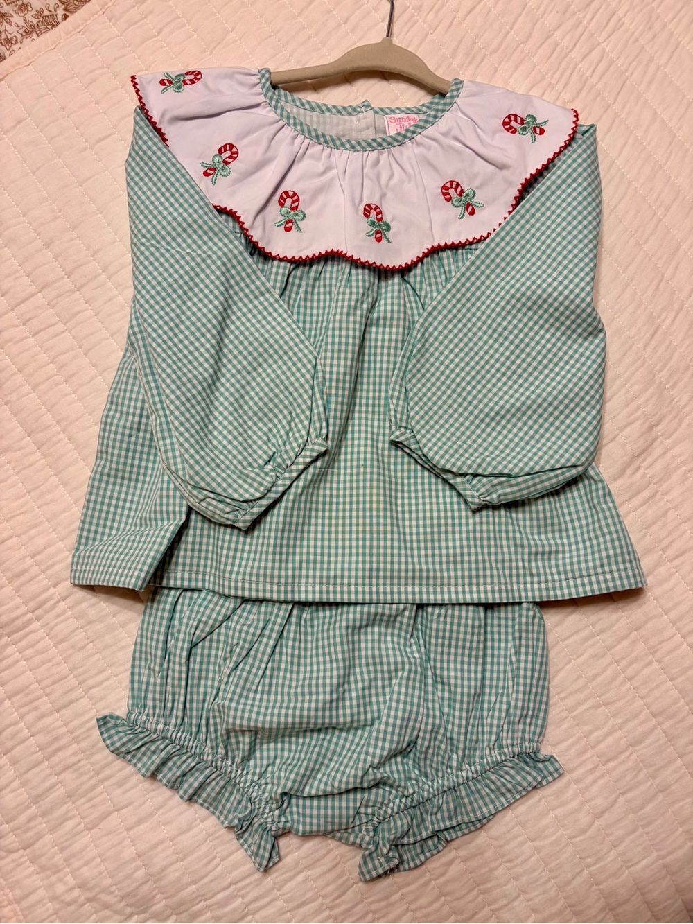 Girls Stitchy Fish Christmas Gingham Matching Set Embroidered 2T